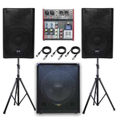 QTX Quest 15SSA 2360W 2.1 Active PA System Bundle | 15" Subwoofer, Mixer, Stands & Cables