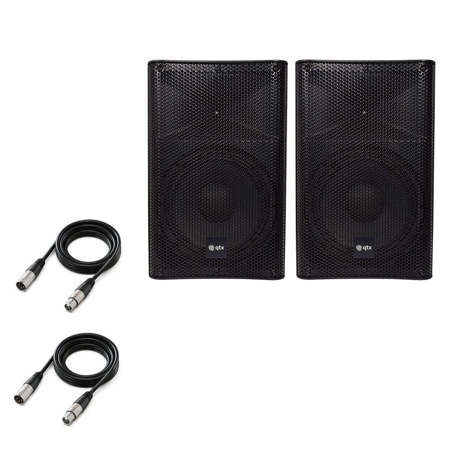 QTX Quest-12A 12" Active PA Speaker Stereo Pair Bundle | 1440W + 2x XLR Cables