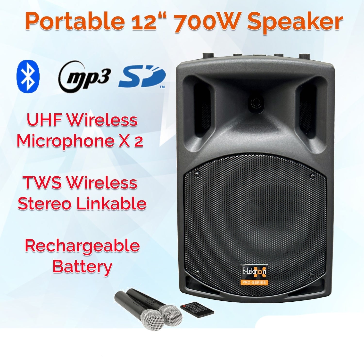 700w 12" Inch Bluetooth Wireless Linkable Portable PA Speaker Sound System + 2 UHF Handheld +2 Headset Mics