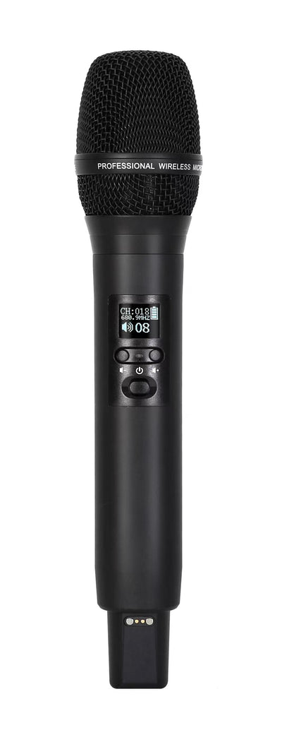 Professional rechargable digital UHF wireless microphone system with smart docking station.