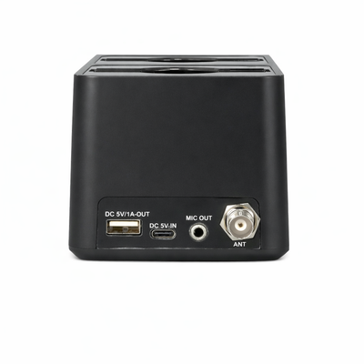 Professional rechargable digital UHF wireless microphone system with smart docking station.