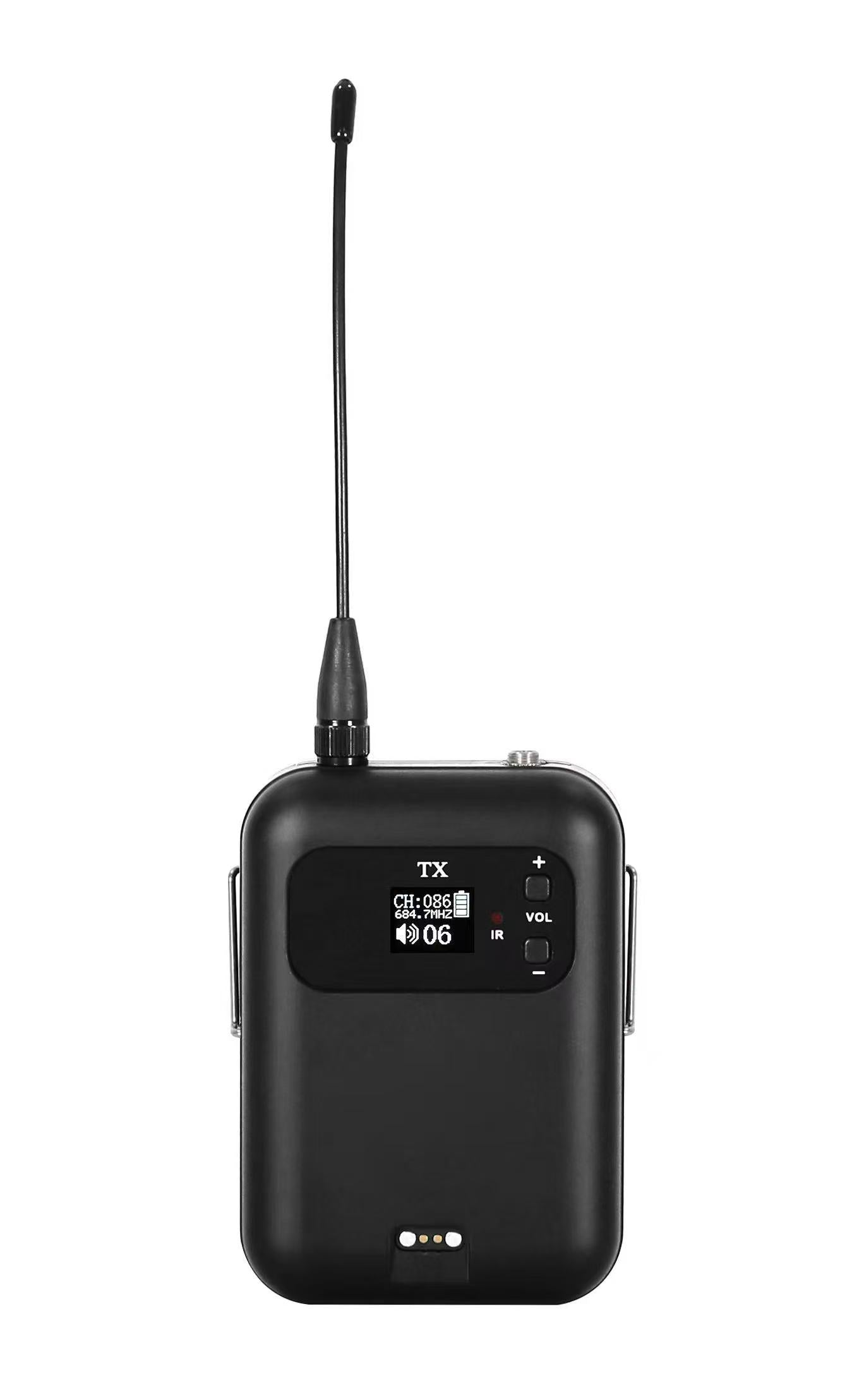 Professional rechargable digital UHF wireless microphone system with smart docking station.