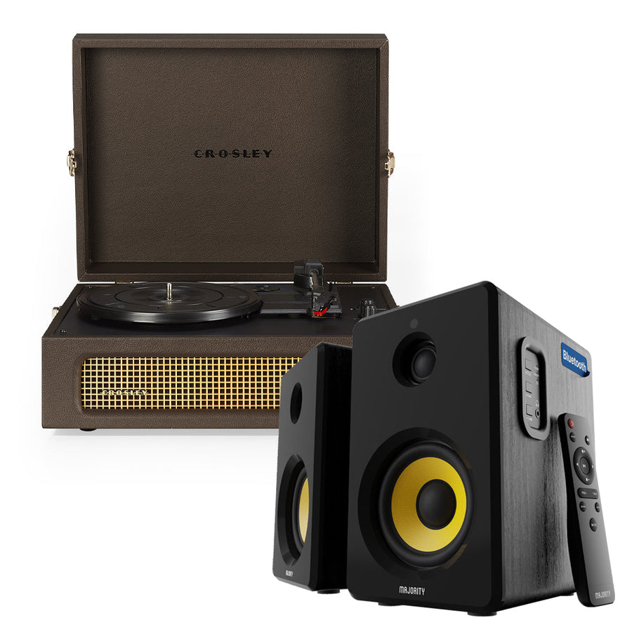 Crosley Voyager Bluetooth Portable Turntable - Cocoa + Bundled Majority D40X Bluetooth Speakers - Black