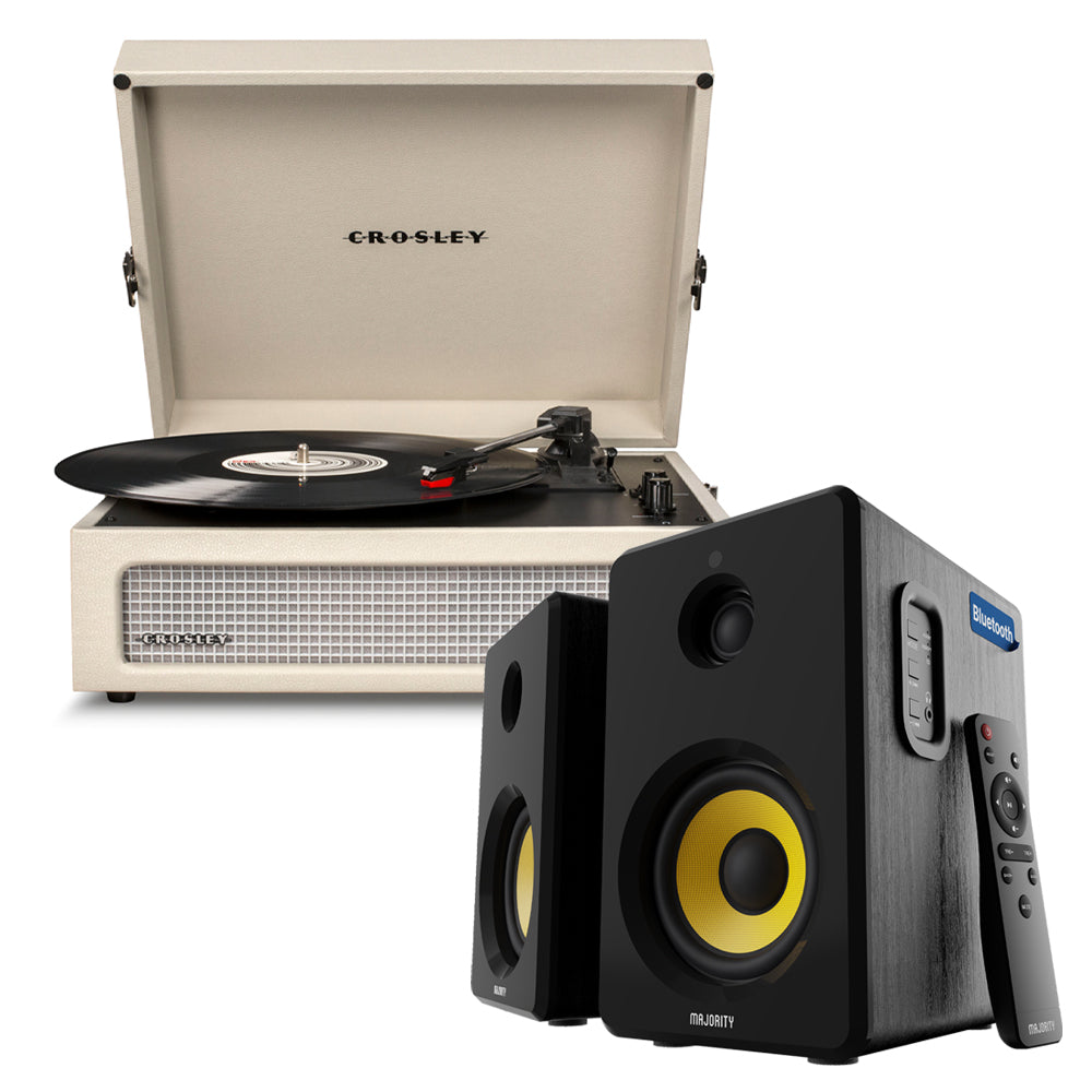 Crosley Voyager Bluetooth Portable Turntable - Dune + Bundled Majority D40X Bluetooth Speakers - Black