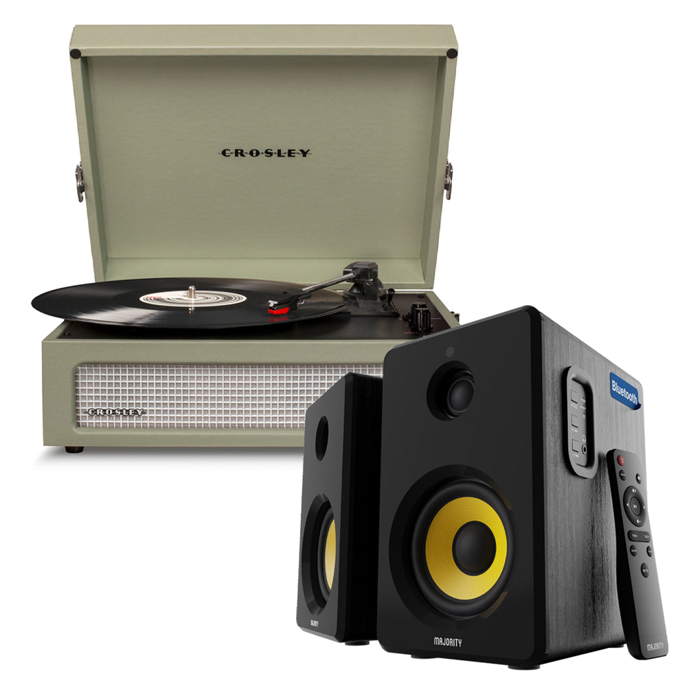 Crosley Voyager Bluetooth Portable Turntable - Sage + Bundled Majority D40X Bluetooth Speakers - Black