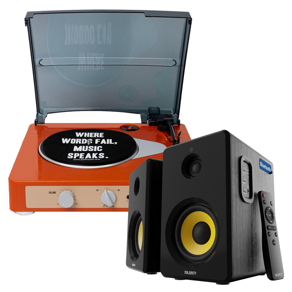 Gadhouse Brad MKII Record Player - Tangerine + Bundled Majority D40X Bluetooth Speakers