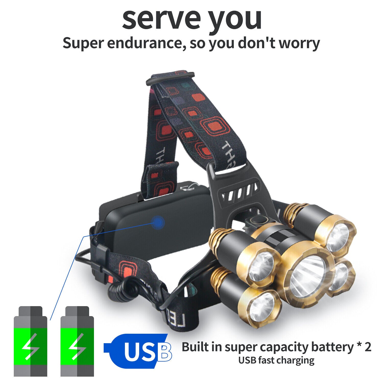 5 LED Headlamp Rechargable Work Headlight Flashlight Camping Head Torch Lamp