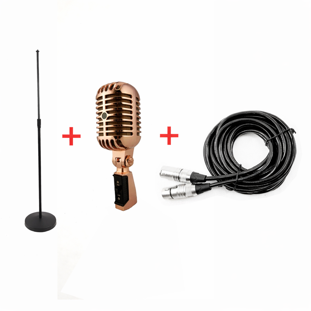 Classic Vintage Dynamic Microphone Pack Includes Mic Stand & Cable Silver, Rose Gold or Gold