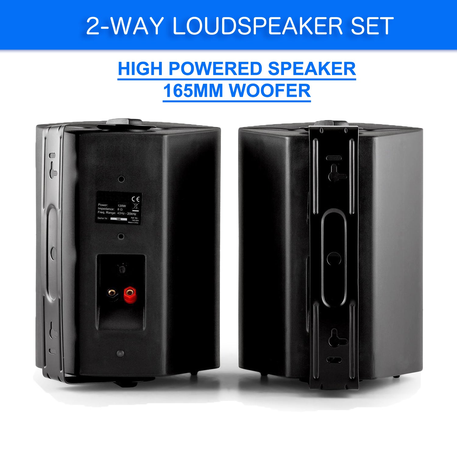 6.5” Inch Black Passive Speakers Pair 260w Wall Mount Bracket 2 Way Bookshelf Stereo