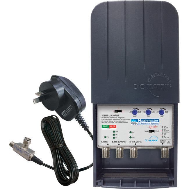 10MM-UA30PDF - 30DB MASTHEAD AMP WITH 4G/5G - FILTER & POWER SUPPLY - MATCHMASTER