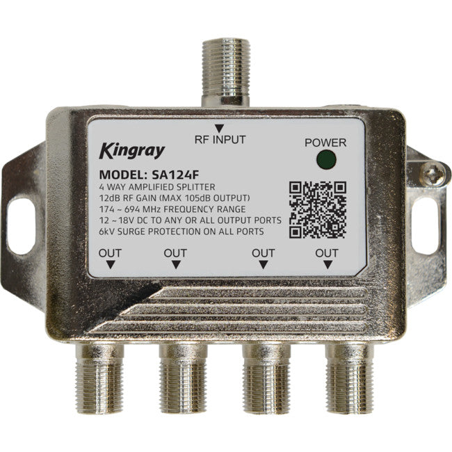 SA124FDP - 4 WAY POWERED TV SIGNAL SPLITTER - INCLUDES PSK06 POWER SUPPLY - KINGRAY