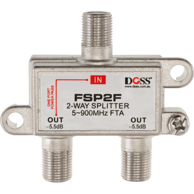 FSP2F 2 WAY 'F' SPLITTER FREE TO AIR 1X DC POWER PASS 900MHZ DOSS 6110PDC