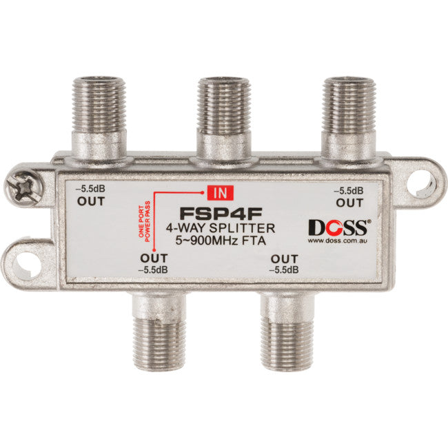 FSP4F 4 WAY 'F' SPLITTER FREE TO AIR 1X DC POWER PASS 900MHZ DOSS 6113PDC