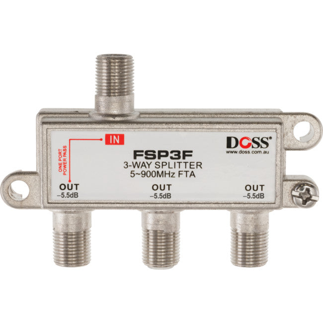 FSP3F 3 WAY 'F' SPLITTER FREE TO AIR BALANCED DC POWER PASS 900MHZ DOSS 6002PDC