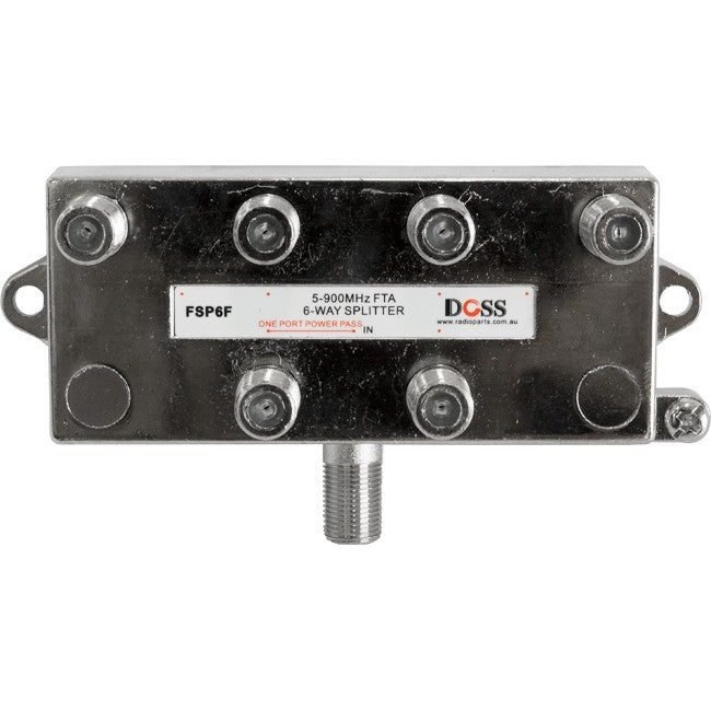 FSP6F 6 WAY 'F' SPLITTER FREE TO AIR 1X DC POWER PASS 900MHZ DOSS 6114PDC