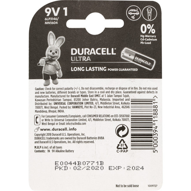 MN1604B1U 9V ALKALINE DURACELL BATTERY ULTRA PK1 DURACELL