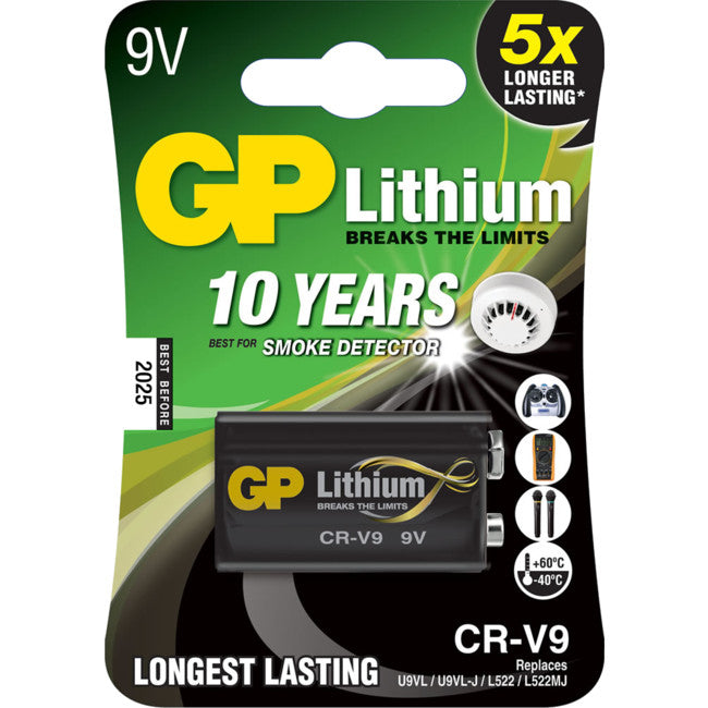 CR9VC1 9V LITHIUM BATTERY 10 YEAR SMOKE ALARM LIFE GP CR9V-C1