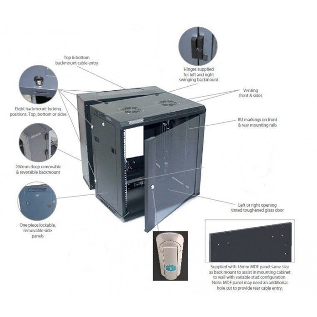 CABTZH6606 6RU 19" RACK WALL MOUNT SWING CABINET 600MM DEEP CABTZH6606BK