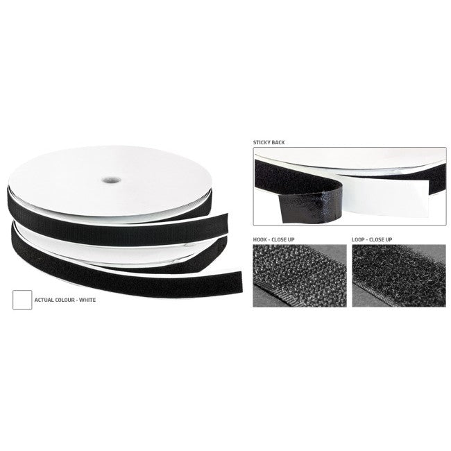 LF25W-25MT 25MM LOOP VELCRO - 25M 3422 STICKY BACK - WHITE STYLUS 3323
