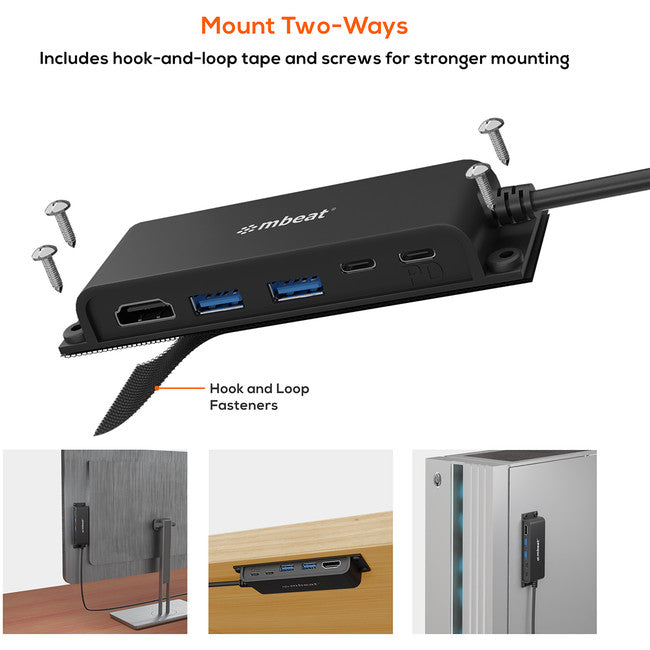 HUBE05 - MOUNTABLE 5 PORT USB-C HUB - 4K HDMI 60W PD CHARGING - MBEAT