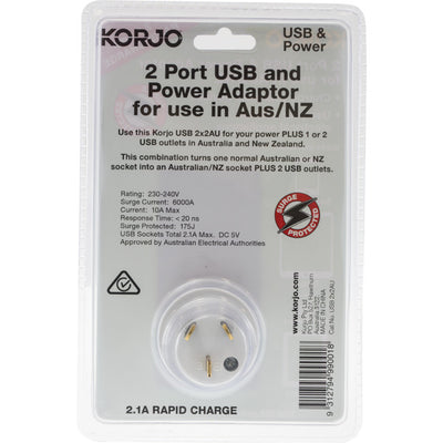 USB2X2AU 2 PORT USB AND POWER ADAPTOR AUSTRALIA ONLY KORJO USB2X2AU
