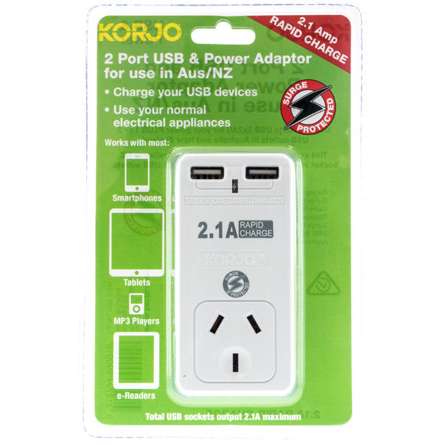 USB2X2AU 2 PORT USB AND POWER ADAPTOR AUSTRALIA ONLY KORJO USB2X2AU
