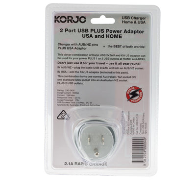 USB2X2US 2 PORT USB AND POWER ADAPTOR USA  & AUSTRALIA KORJO USB2X2US