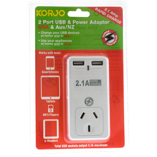 USB2X2US 2 PORT USB AND POWER ADAPTOR USA  & AUSTRALIA KORJO USB2X2US