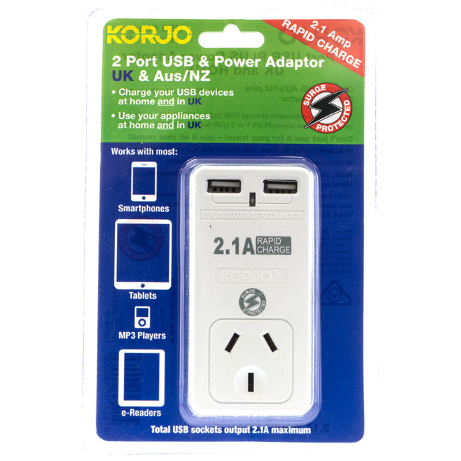 USB2X2UK 2 PORT USB AND POWER ADAPTOR UNITED KINGDOM & AUSTRALIA KORJO USB2X2UK