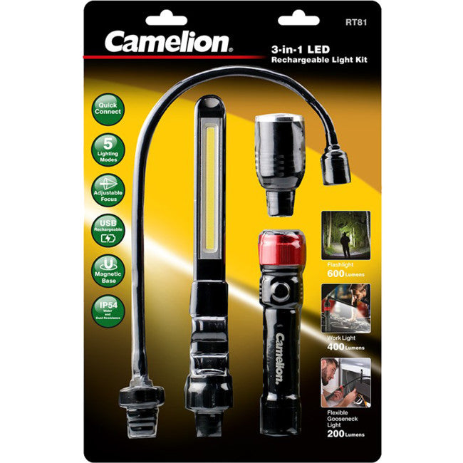 CART81 T6 CREE LED RECH 3 IN 1 KIT WORK LIGHT- FLEXIBLE- TORCH CAMELION CART81