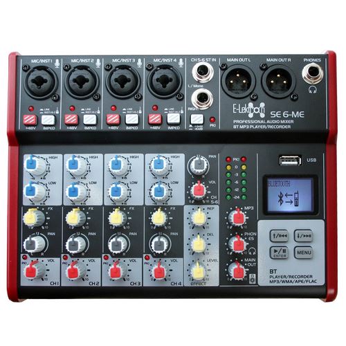 SE-6MM Live Audio Mixer 6 Channel Mixer incl. USB Bluetooth Soundcard Phantom Power with Condenser Mic
