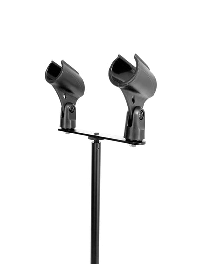 Straight Dual Mic Stand Heavy Round Base Black Full size + 2x Mic Microphone mount Clip