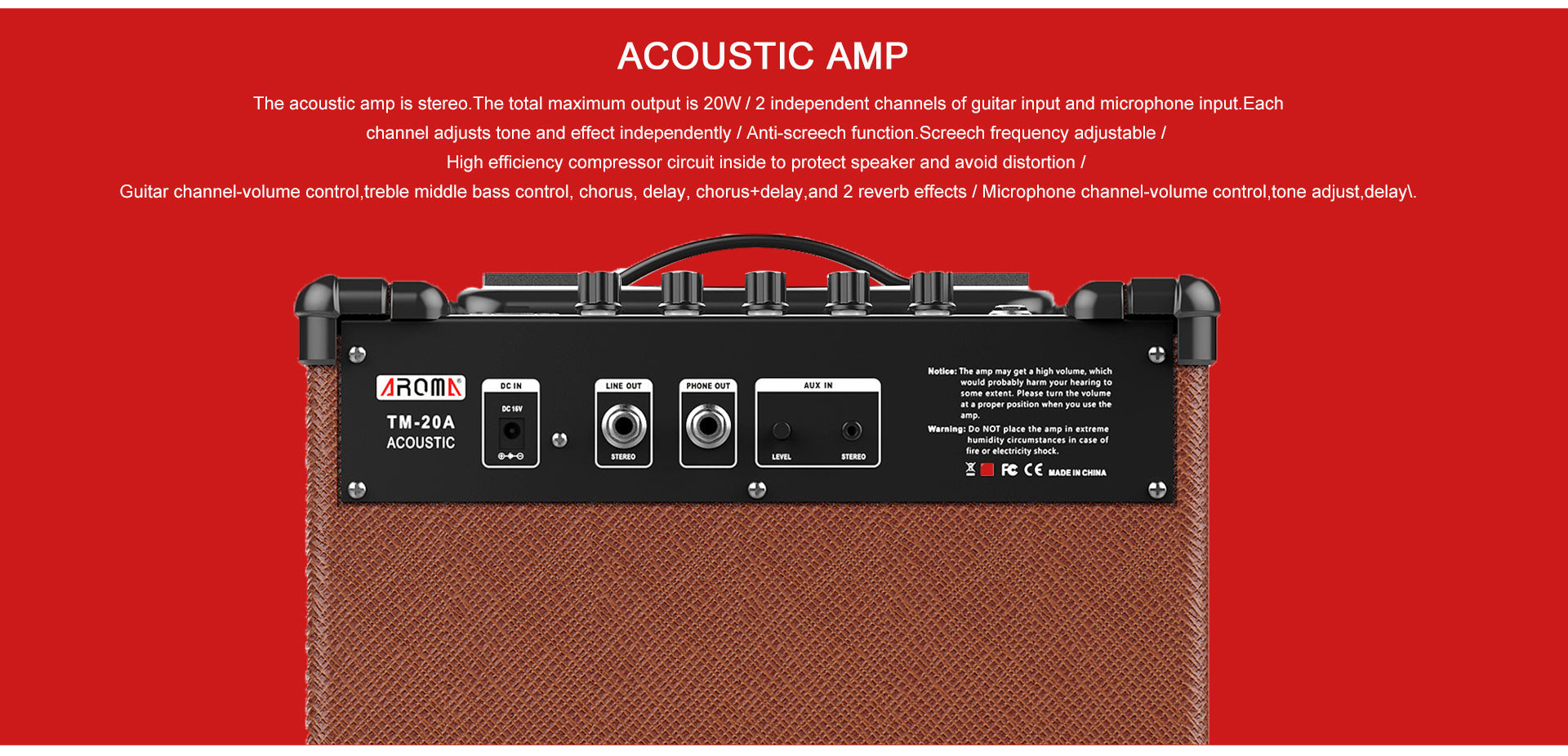 AROMA Acoustic Guitar Amplifier TM-20A with Bluetooth and effects