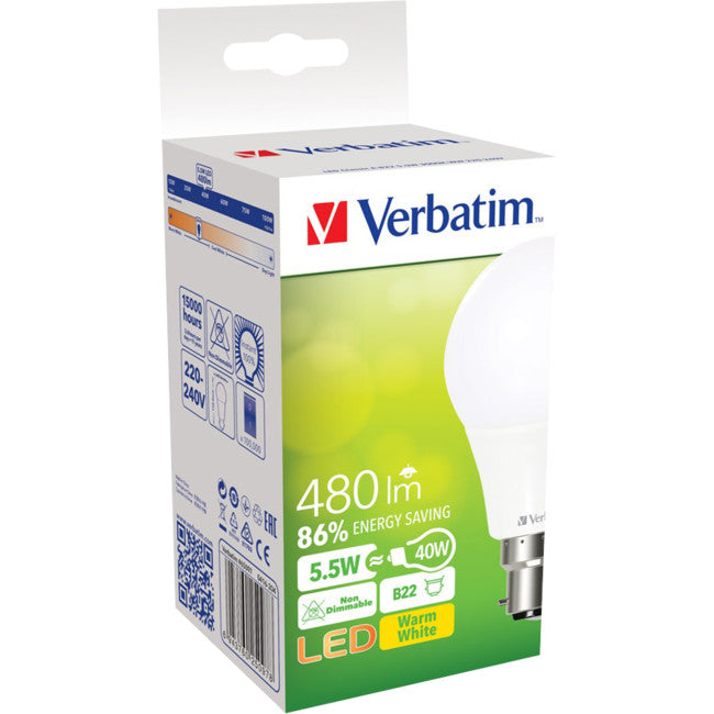 66279 B22 CLASSIC A 5.5W 480LM 3000K WARM WHITE LED VERBATIM 66279