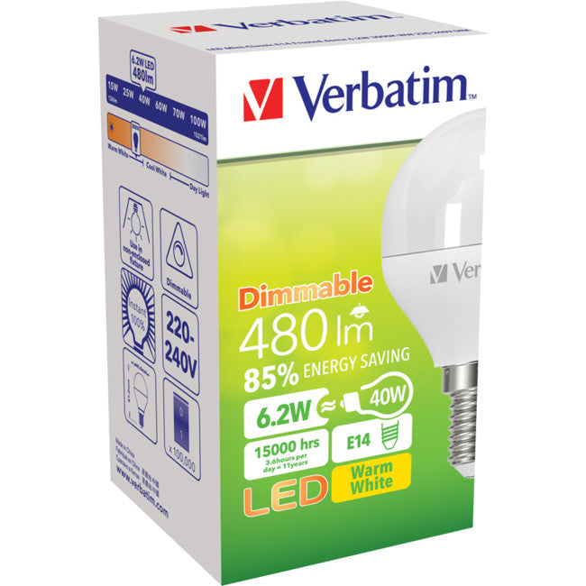 65812 E14 MINI GLOBE 6.2W DIMMABLE 470LM 3000K WARM WHITE VERBATIM 65812