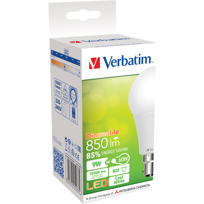 65238 B22 CLASSIC A 9W DIMMABLE 850LM 4000K COOL WHITE VERBATIM 65238