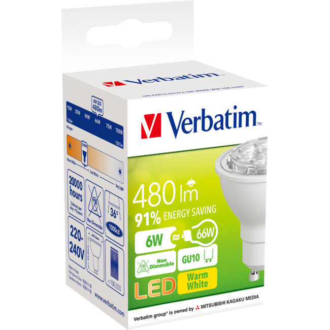 65973 PAR16 GU10 NON-DIM 6.5W 480LM 3000K WARM WHITE 35 DEG VERBATIM 65973