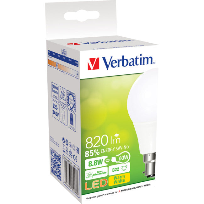 66282 B22 CLASSIC A 8.5W 820LM 3000K WARM WHITE LED NON DIM 65099 VERBATIM 66282