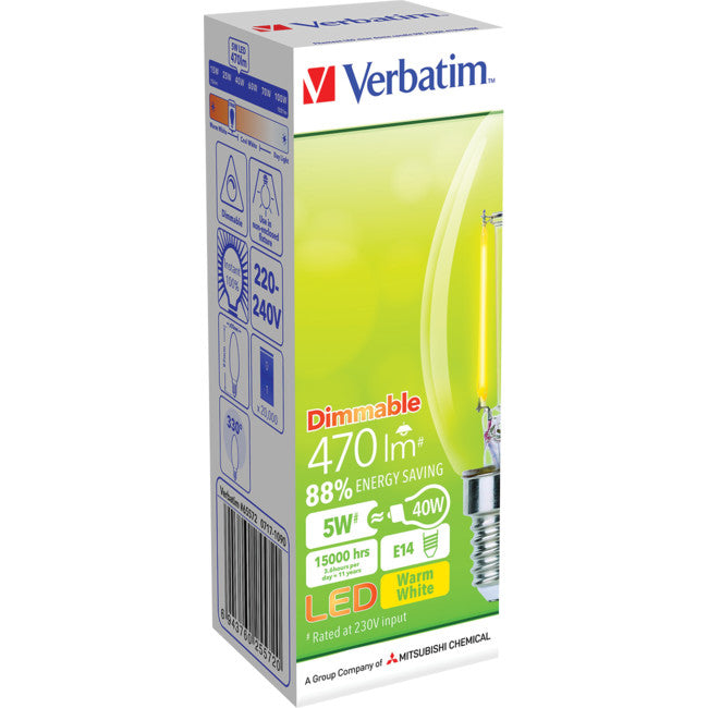 65572 E14 FILAMENT CANDLE 5W DIM CLEAR 470LM 2700K VERBATIM 65572