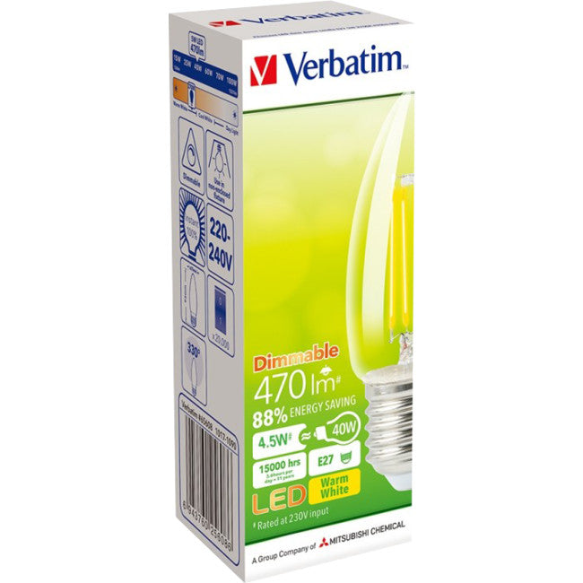 65608 E27 FILAMENT CANDLE 5W DIM CLEAR 470LM 2700K VERBATIM 65608