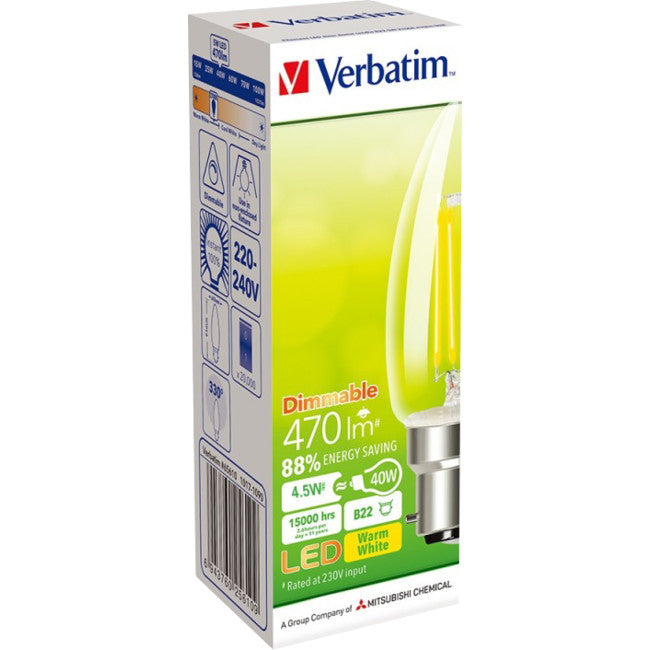 65610 B22 FILAMENT CANDLE 5W DIM CLEAR 470LM 2700K VERBATIM 65610