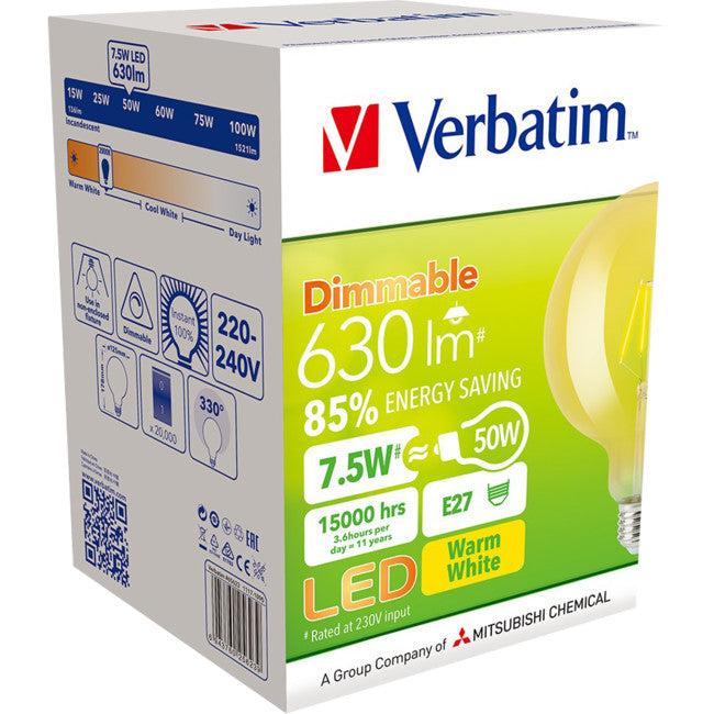 65623 E27 FILAMENT G125 DOME 7.5W DIM AMBER 2000K 630LM VERBATIM 65623