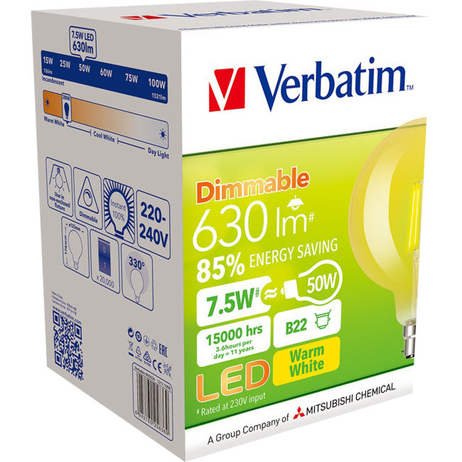 65636 B22 FILAMENT G125 DOME 7.5W DIM AMBER 2000K 630LM VERBATIM 65636