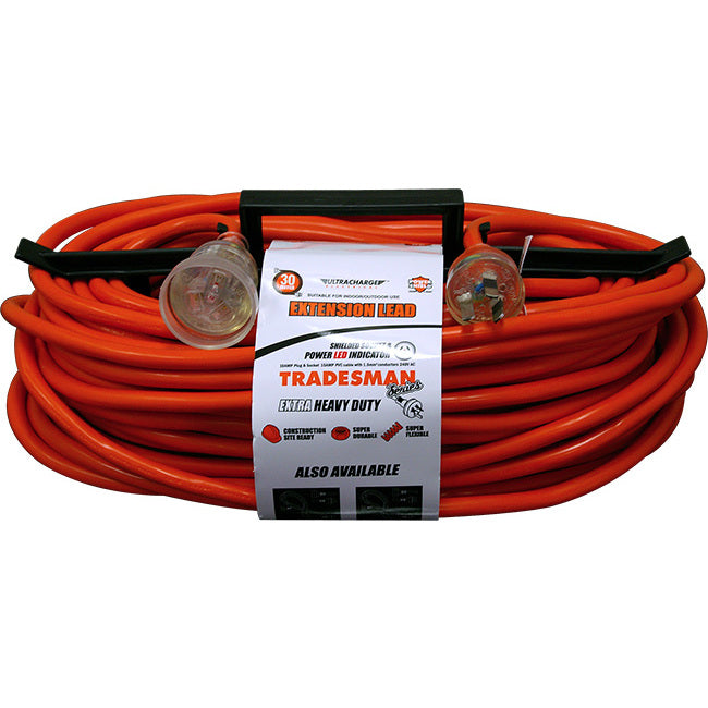 UR24030T 30M HEAVY DUTY EXTENSION LEAD POWER LEAD ORANGE & CLEAR PLUG ULTRACHARGE UR240/30T