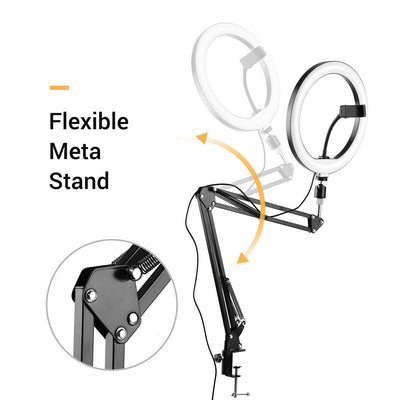 10" LED Ring Light + 1m Scissors Desk Boom Arm Stand + Phone Mount + Bluetooth Remote