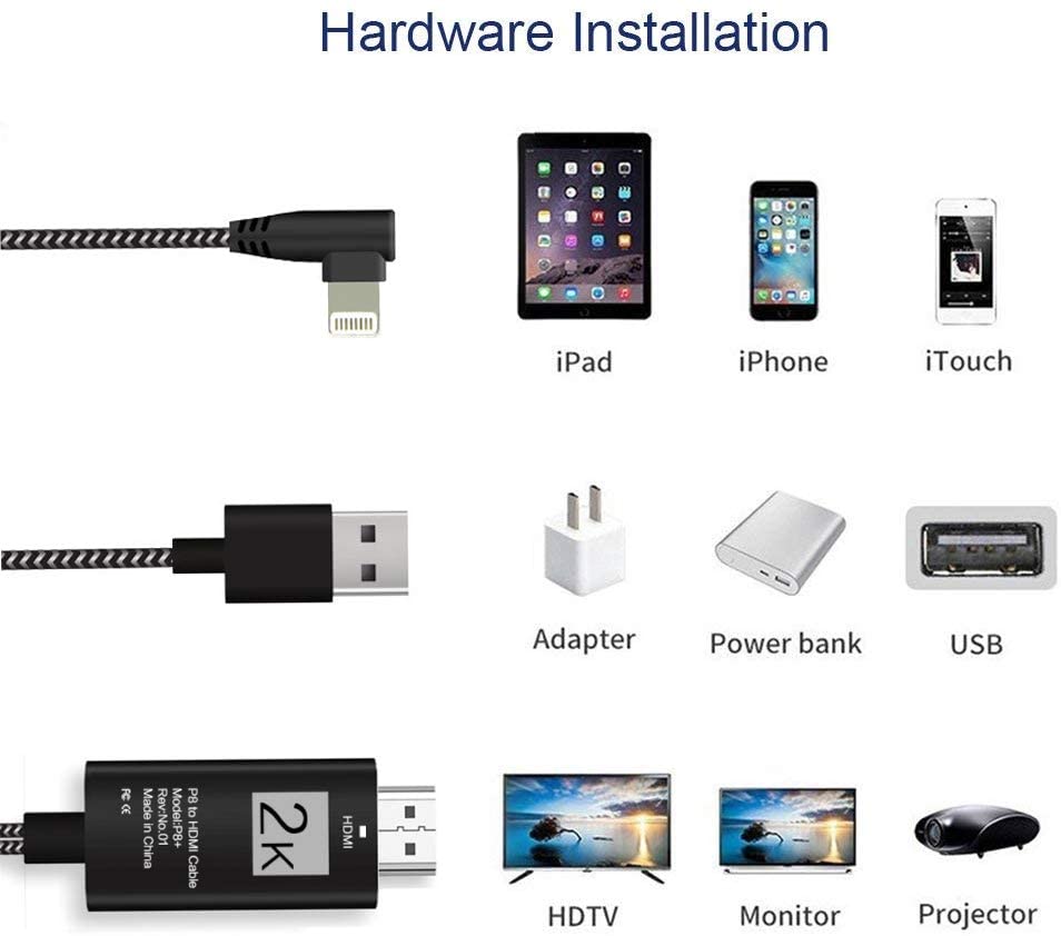 Lightning to HDMI Cable iPhone iPad Nylon Braided 1080P HDTV Digital AV Adapter iPhone 7 8 X XS MAX iPad Red or Black Colour