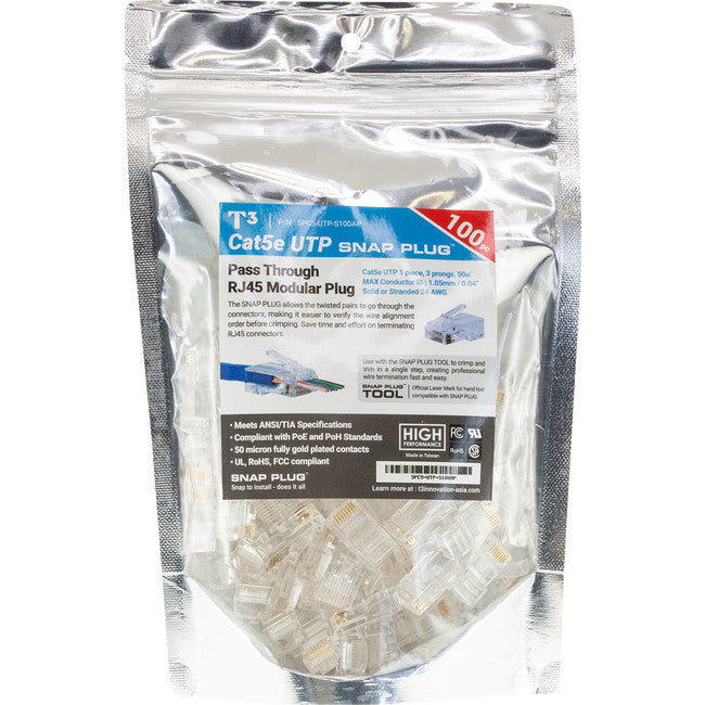 T3SPC5 UTP RJ45 CAT5E SOLID SNAP PLUG 100 PACK 1.00MM TO 1.05MM 2691 T3 2691