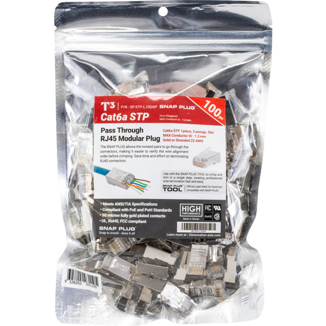 T3SPSC6 STP CAT6/6A SOLID SNAP PLUG 100 PACK RJ45 SHIELDED 1.2MM T3 2722