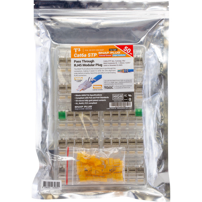 T3SPSC6G1.35 50PK STP RJ45 CAT6A SNAP PLUG SHIELDED EXT GROUND 2PC1.35MM T3 SP-STP-13X-50AP