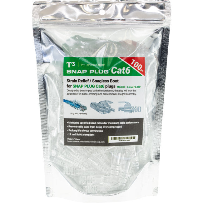 PK4085 6.5MM CLEAR RJ45 SNAGLESS BOOT SUITS CAT6 SNAP PLUG PK OF 100 T3 TPSR-B65-100AP